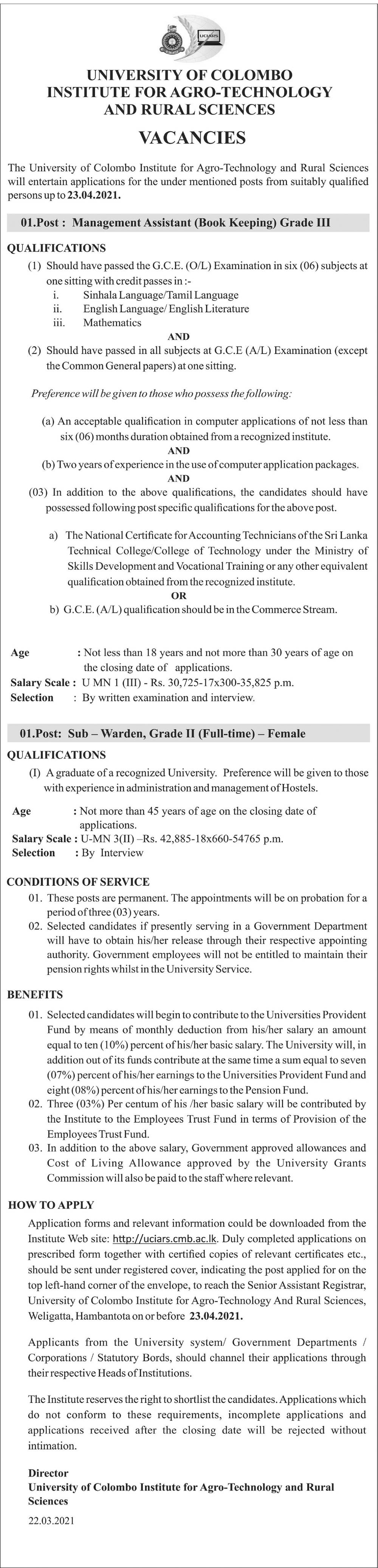 Management Assistant (Book Keeping), Sub Warden - Institute for Agro-Technology and Rural Sciences - University of Colombo