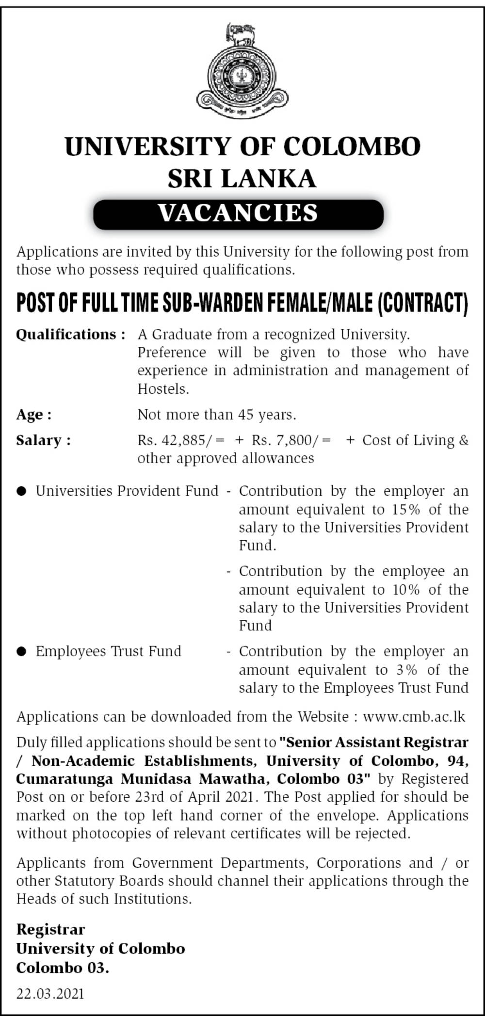 Sub Warden (Male/Female) - University of Colombo
