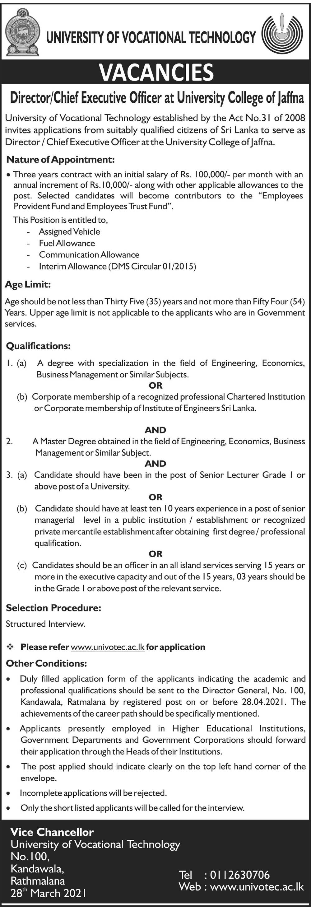 Director/Chief Executive Officer - University of Vocational Technology