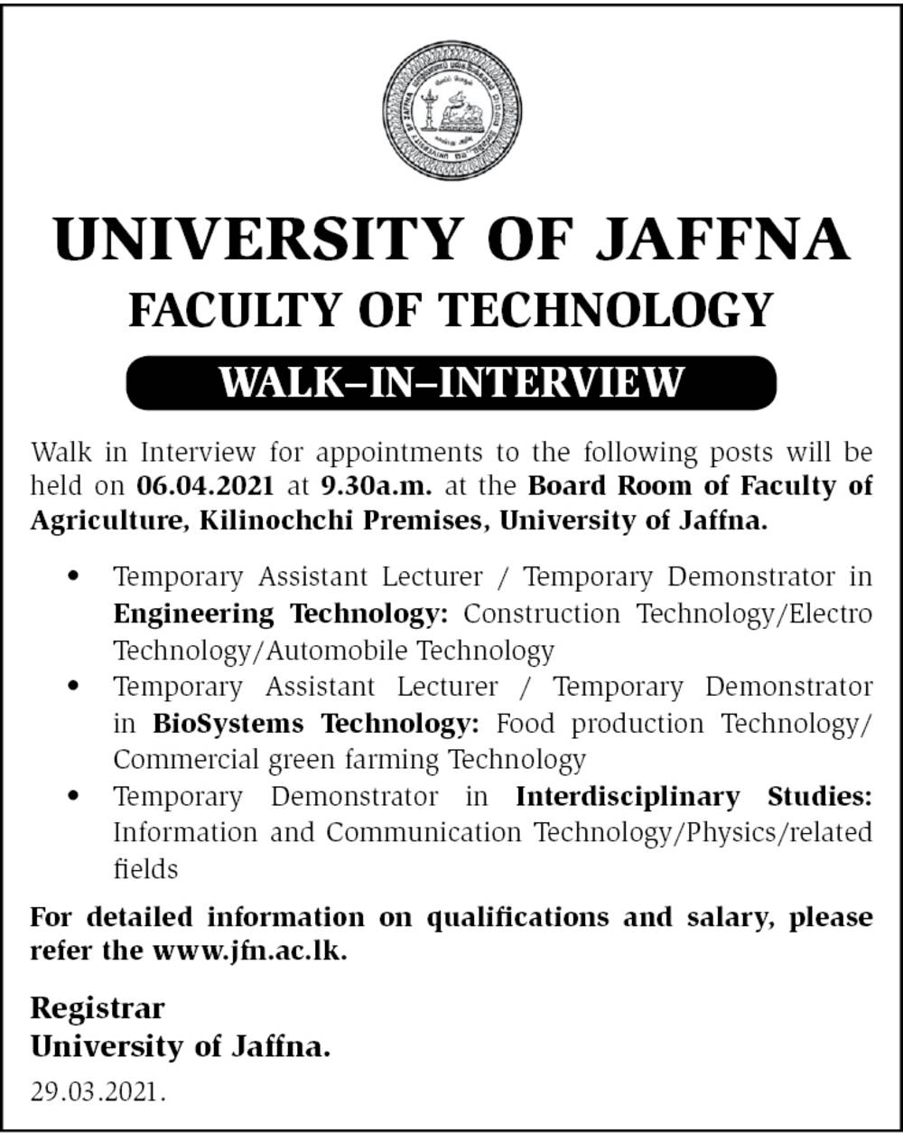 Assistant Lecturer, Demonstrator - University of Jaffna