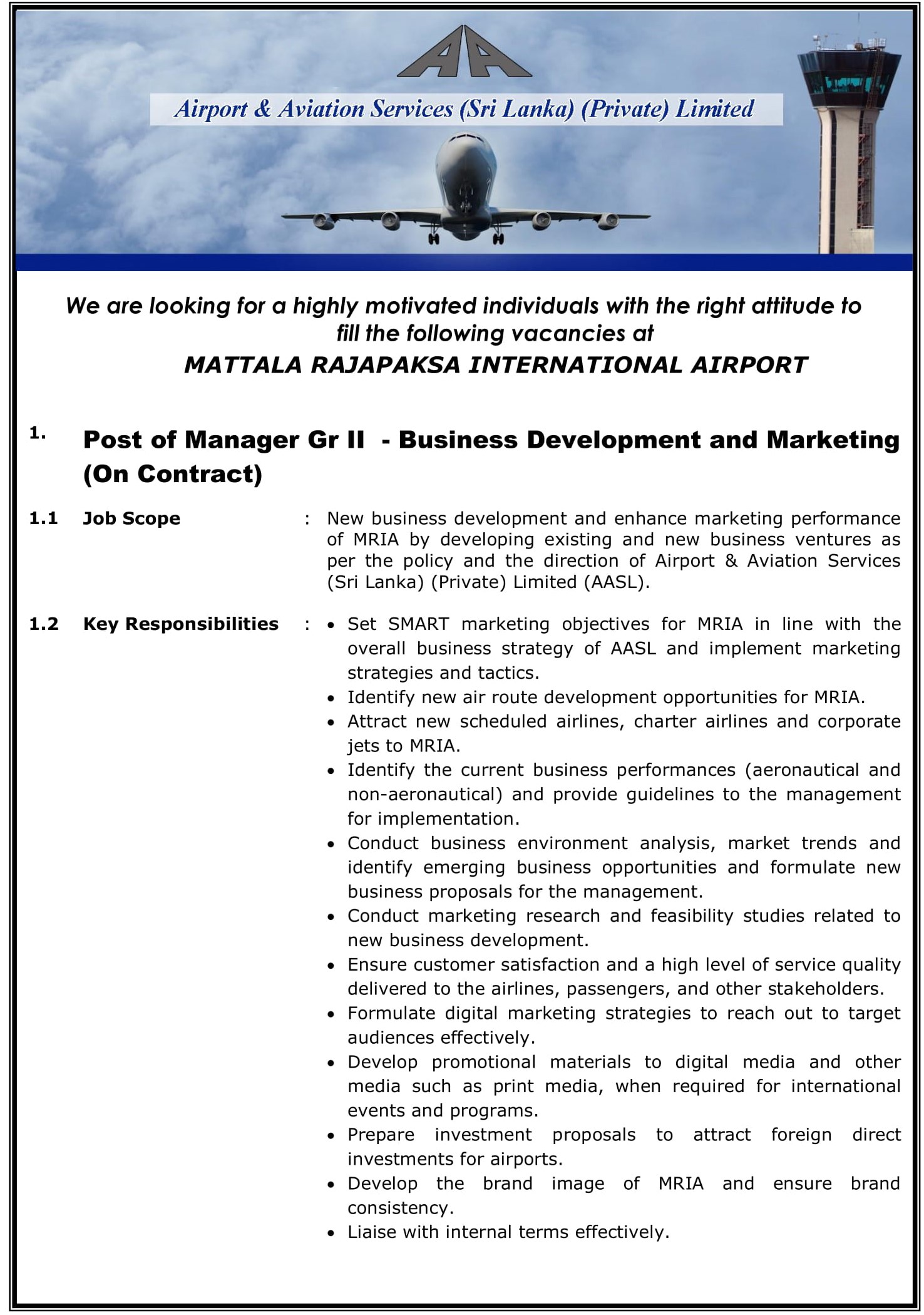 Manager, Assistant Manager, Officer (Digital Marketing & Content Developer) - Airport & Aviation Services (Sri Lanka) (Private) Limited