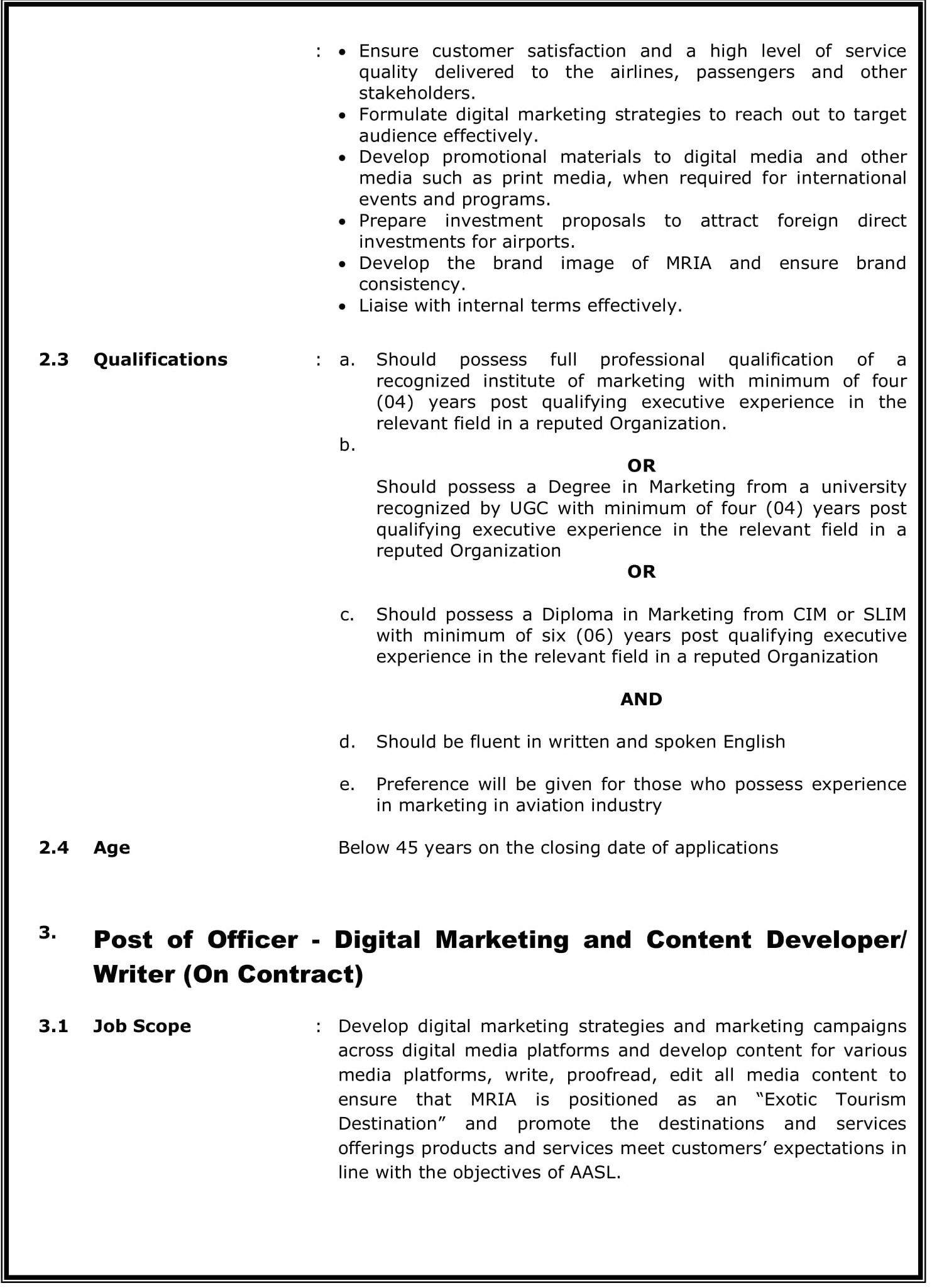 Manager, Assistant Manager, Officer (Digital Marketing & Content Developer) - Airport & Aviation Services (Sri Lanka) (Private) Limited