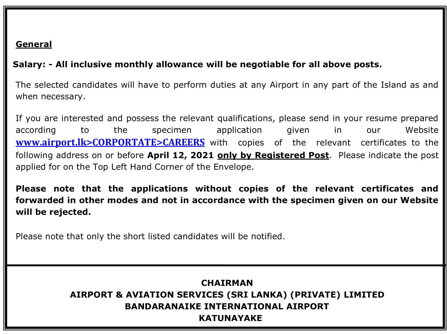 Manager, Assistant Manager, Officer (Digital Marketing & Content Developer) - Airport & Aviation Services (Sri Lanka) (Private) Limited