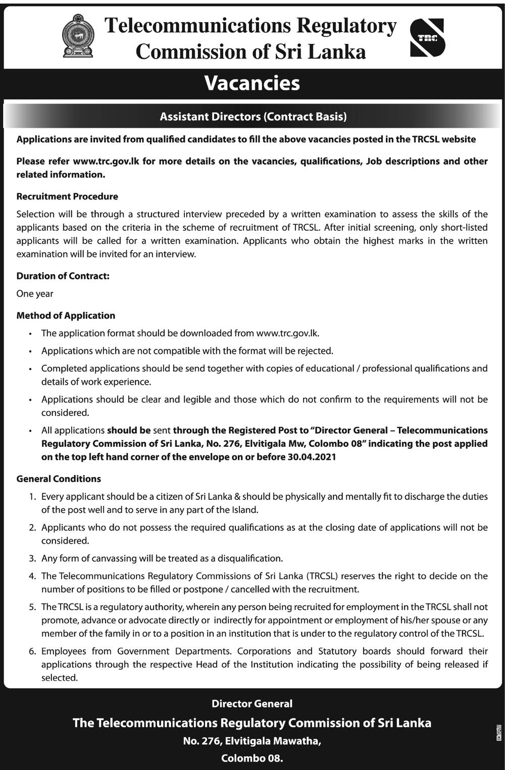 Assistant Director - Telecommunications Regulatory Commission of Sri Lanka