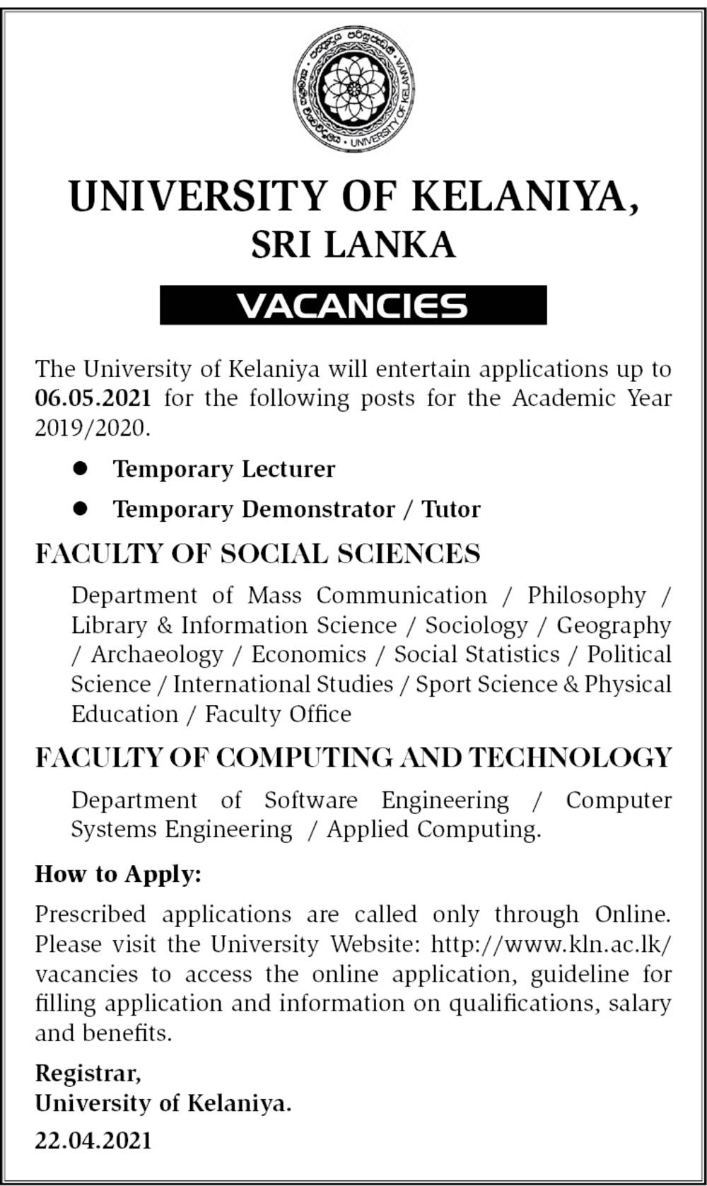 Lecturer, Demonstrator/Tutor - University of Kelaniya