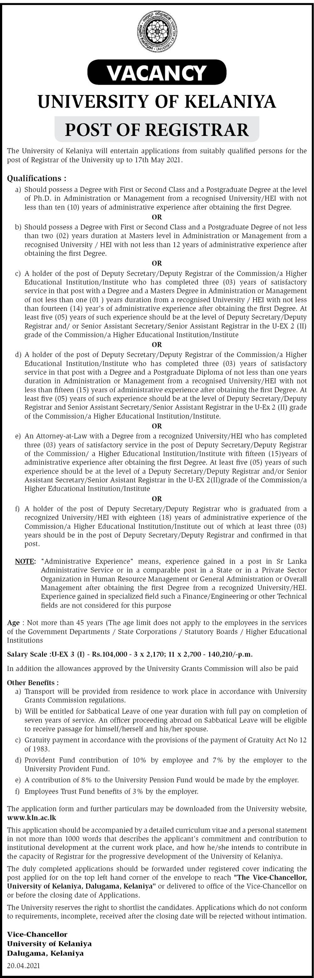 Registrar - University of Kelaniya