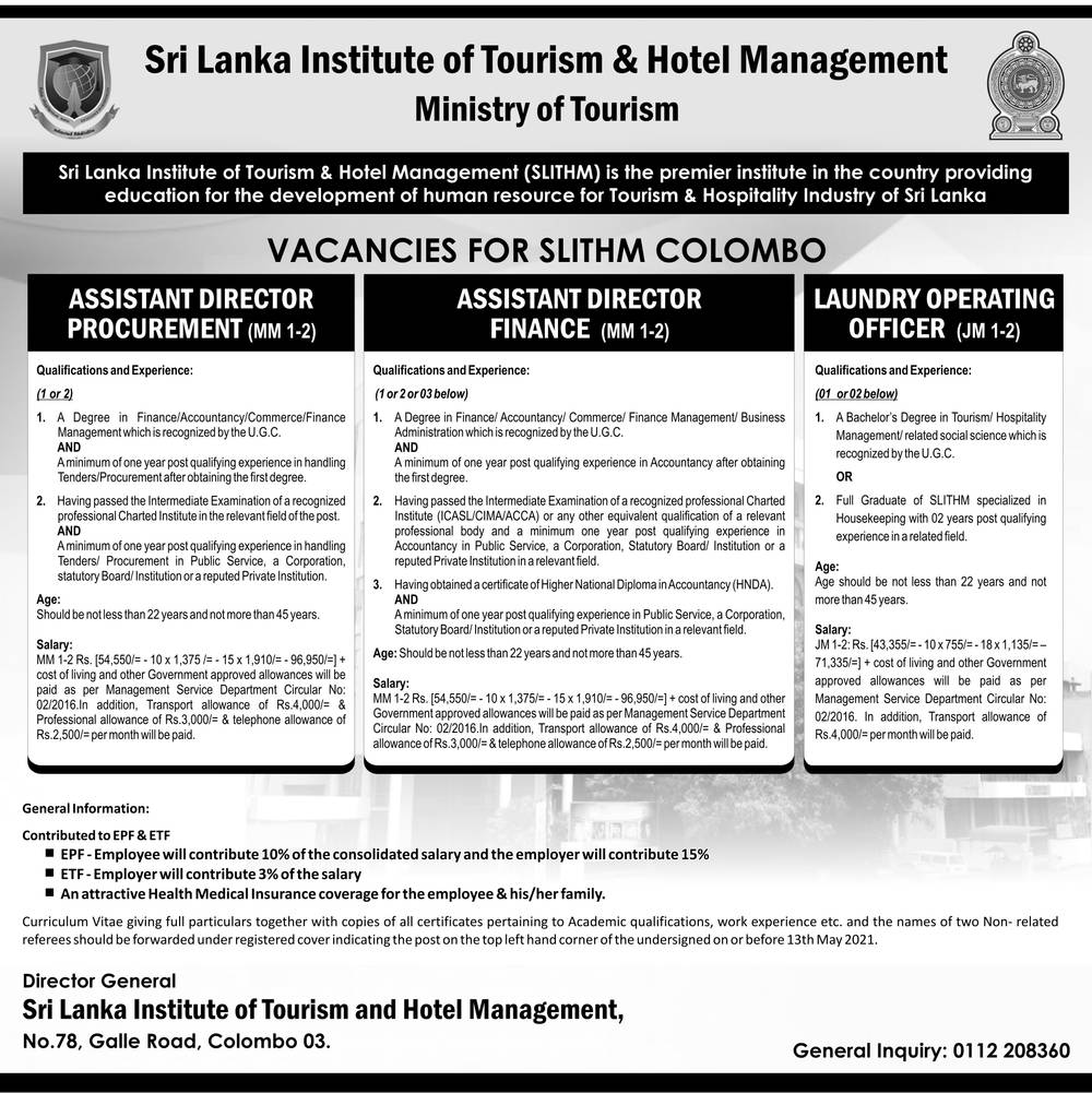 Assistant Director, Assistant Lecturer, Laundry Operating Officer - Sri Lanka Institute of Tourism & Hotel Management