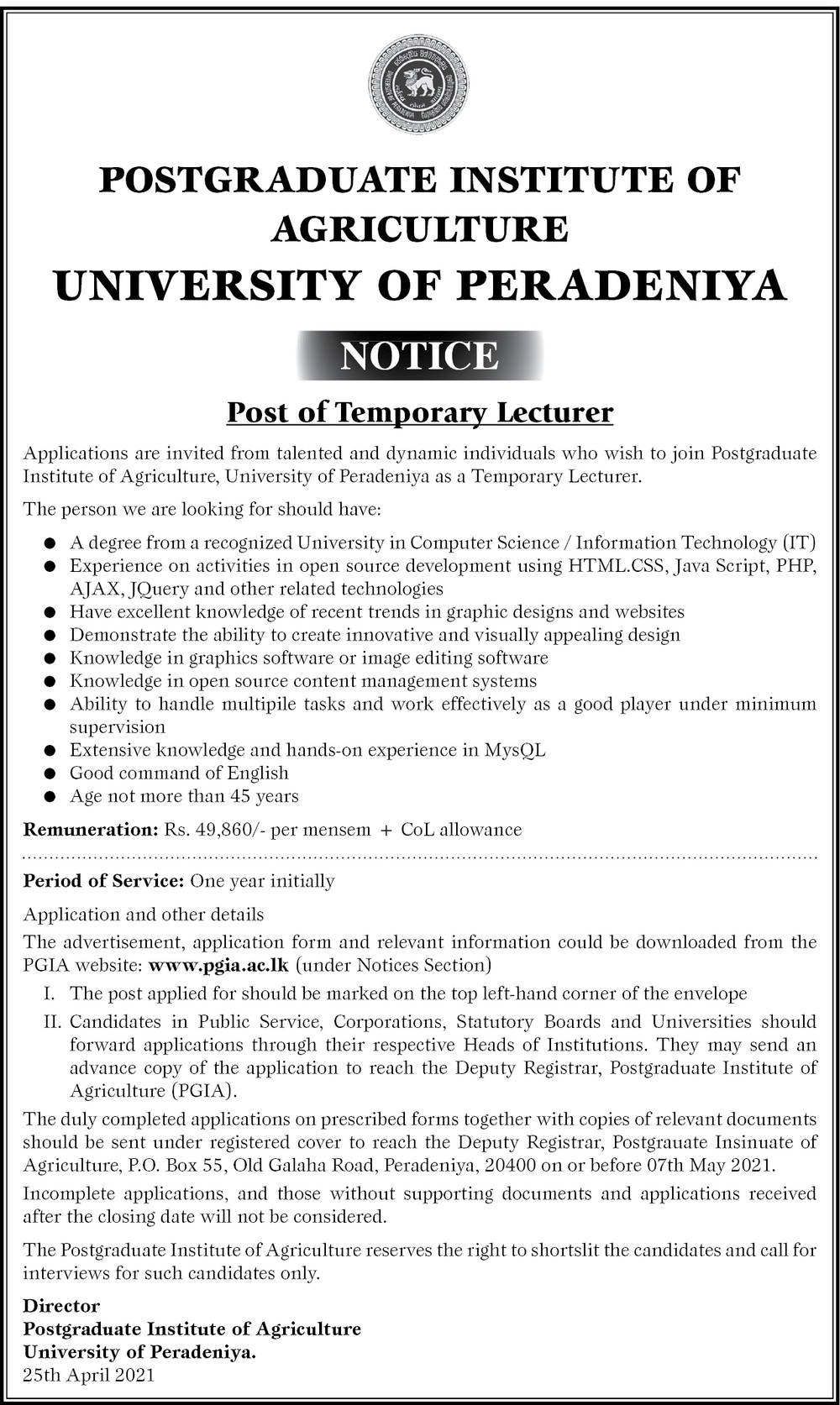 Temporary Lecturer - Postgraduate Institute of Agriculture - University of Peradeniya