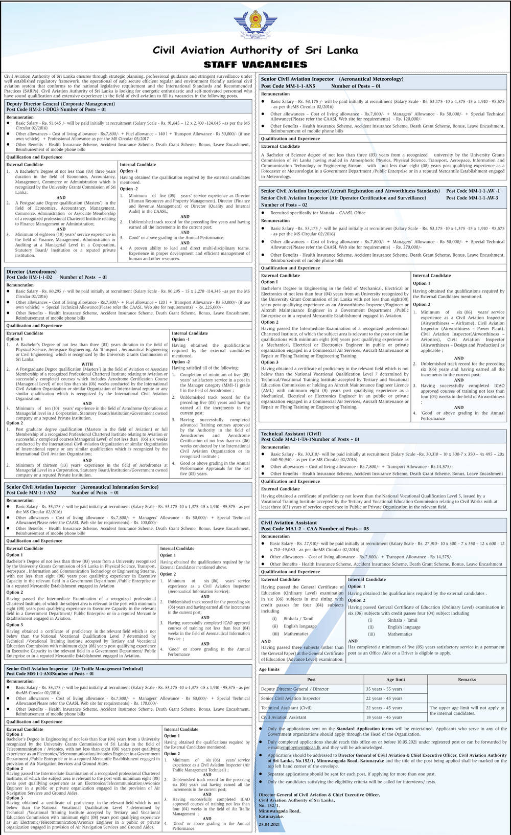 Senior Civil Aviation Inspector, Technical Assistant, Civil Aviation Assistant, Deputy Director General, Director - Civil Aviation Authority of Sri Lanka