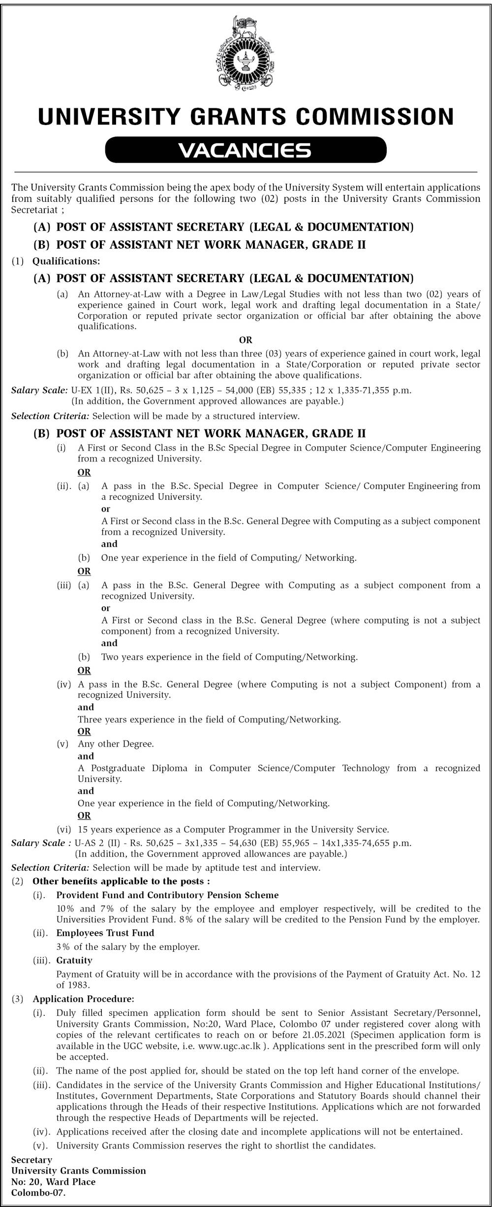 Assistant Secretary (Legal & Documentation), Assistant Network Manager - University Grants Commission