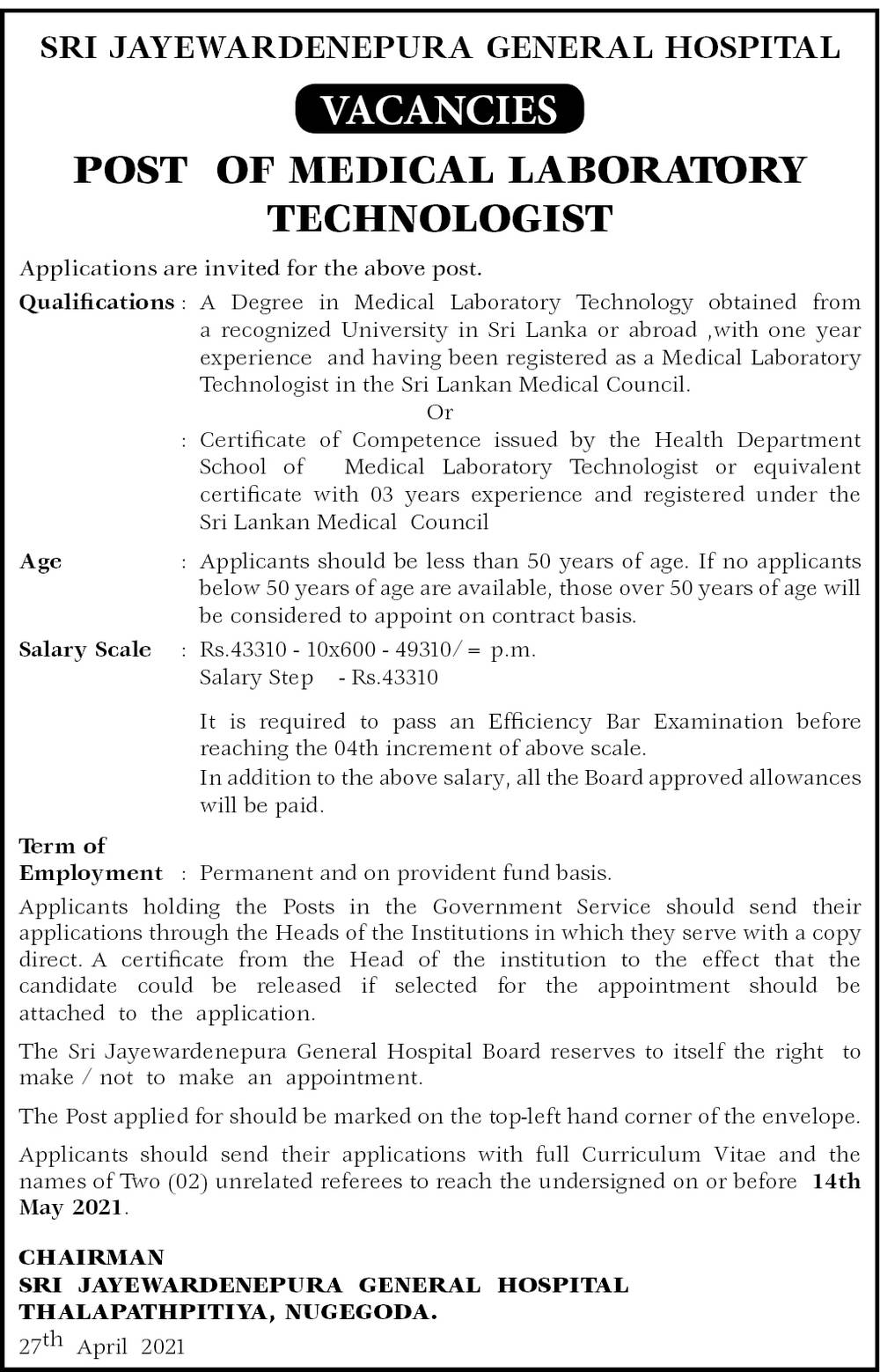 Medical Laboratory Technologist - Sri Jayewardenepura General Hospital 