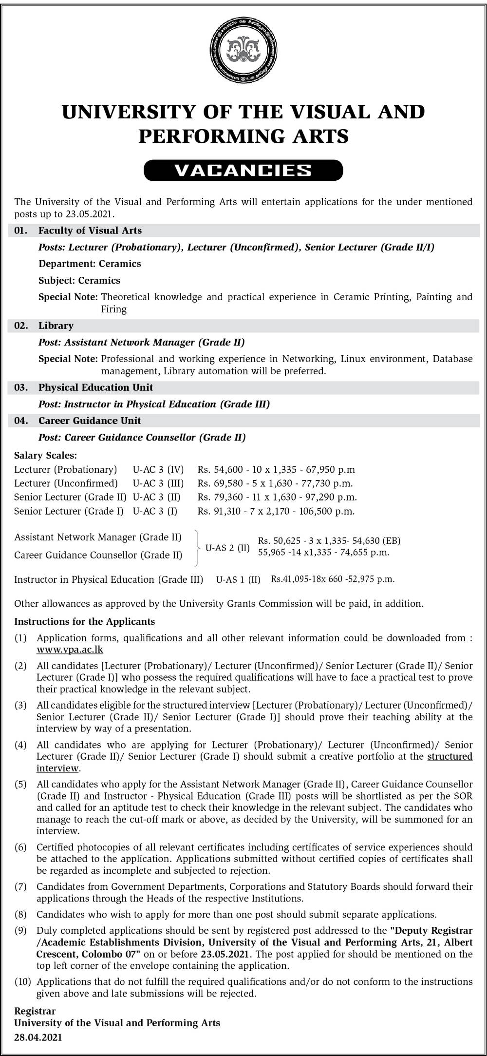 Lecturer, Senior Lecturer, Assistant Network Manager, Instructor, Career Guidance Counsellor - University of the Visual & Performing Arts