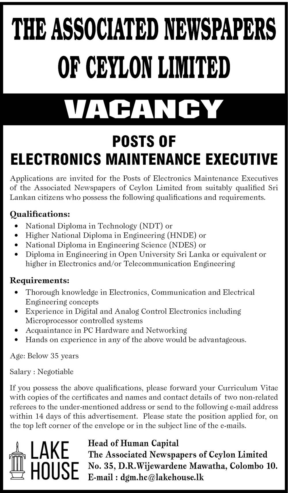 Electronics Maintenance Executive - The Associated Newspapers of Ceylon Ltd