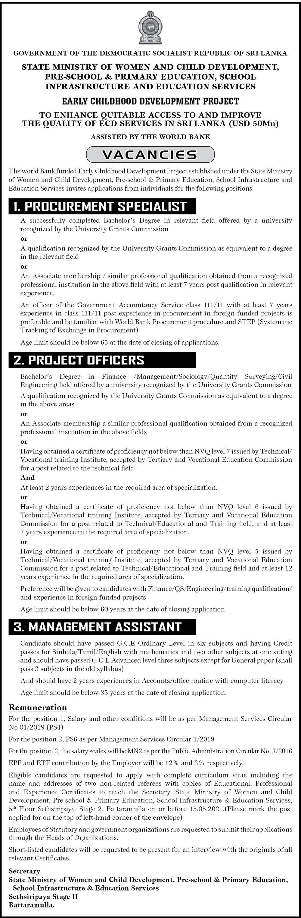 Management Assistant, Project Officer, Procurement Specialist - State Ministry of Women and Child Development, Pre School & Primary Education, School Infrastructure and Education Services