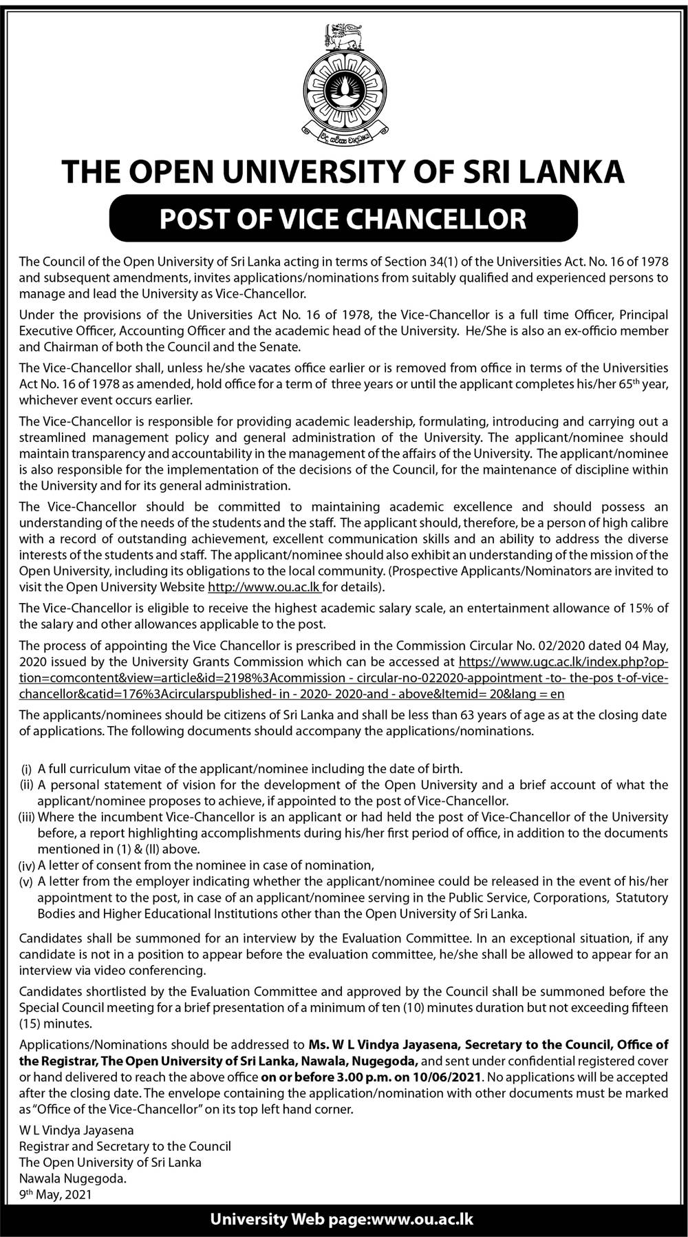 Vice Chancellor - The Open University of Sri Lanka