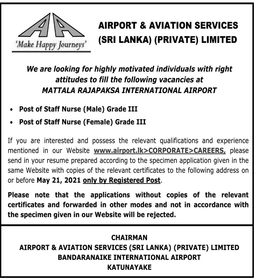 Staff Nurse (Male, Female) - Airport & Aviation Service (Sri Lanka) (Private) Limited 