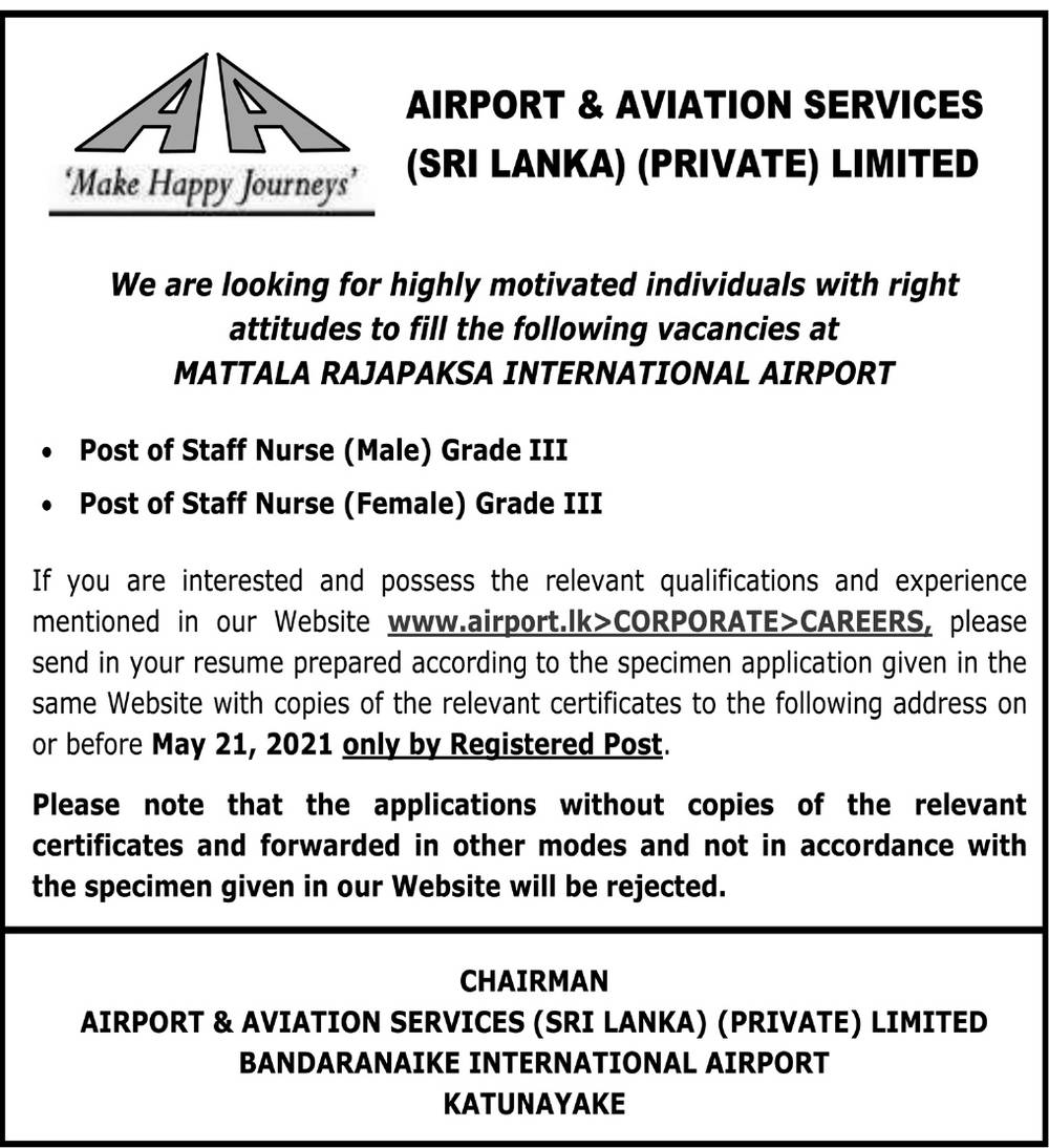 Staff Nurse (Male, Female) - Airport & Aviation Service (Sri Lanka) (Private) Limited 