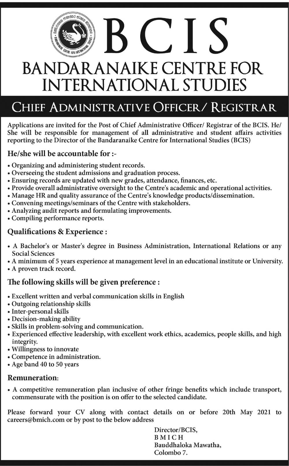 Chief Administrative Officer/Registrar - Bandaranayake Centre for International Studies 