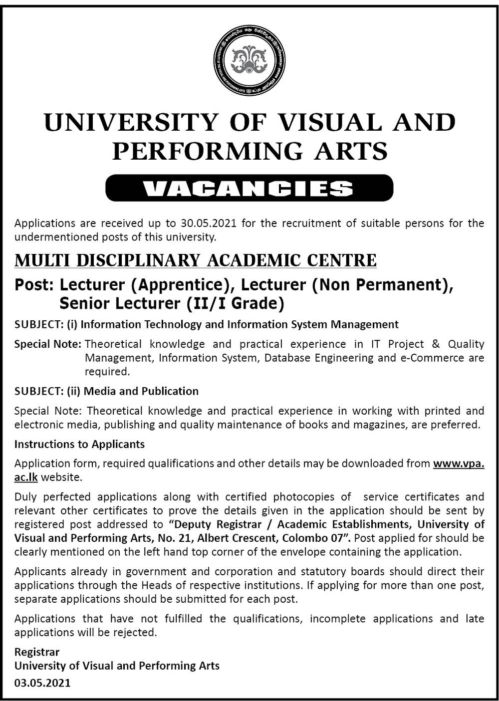 Lecturer, Senior Lecturer - University of Visual & Performing Arts