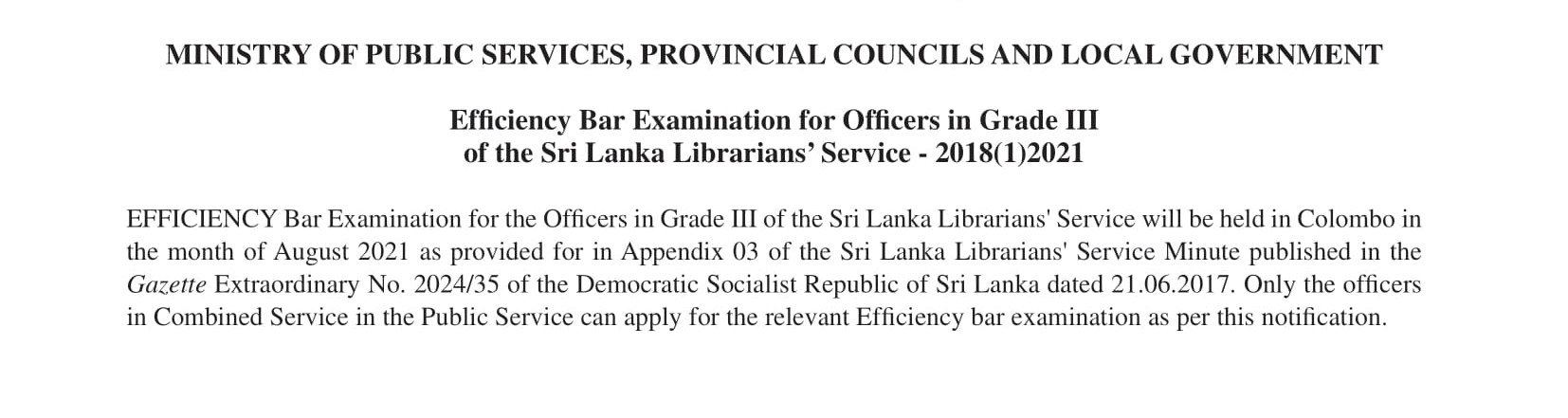 Efficiency Bar Examination for Officers in Grade III of the Sri Lanka Librariansâ€™ Service - 2018(1)2021