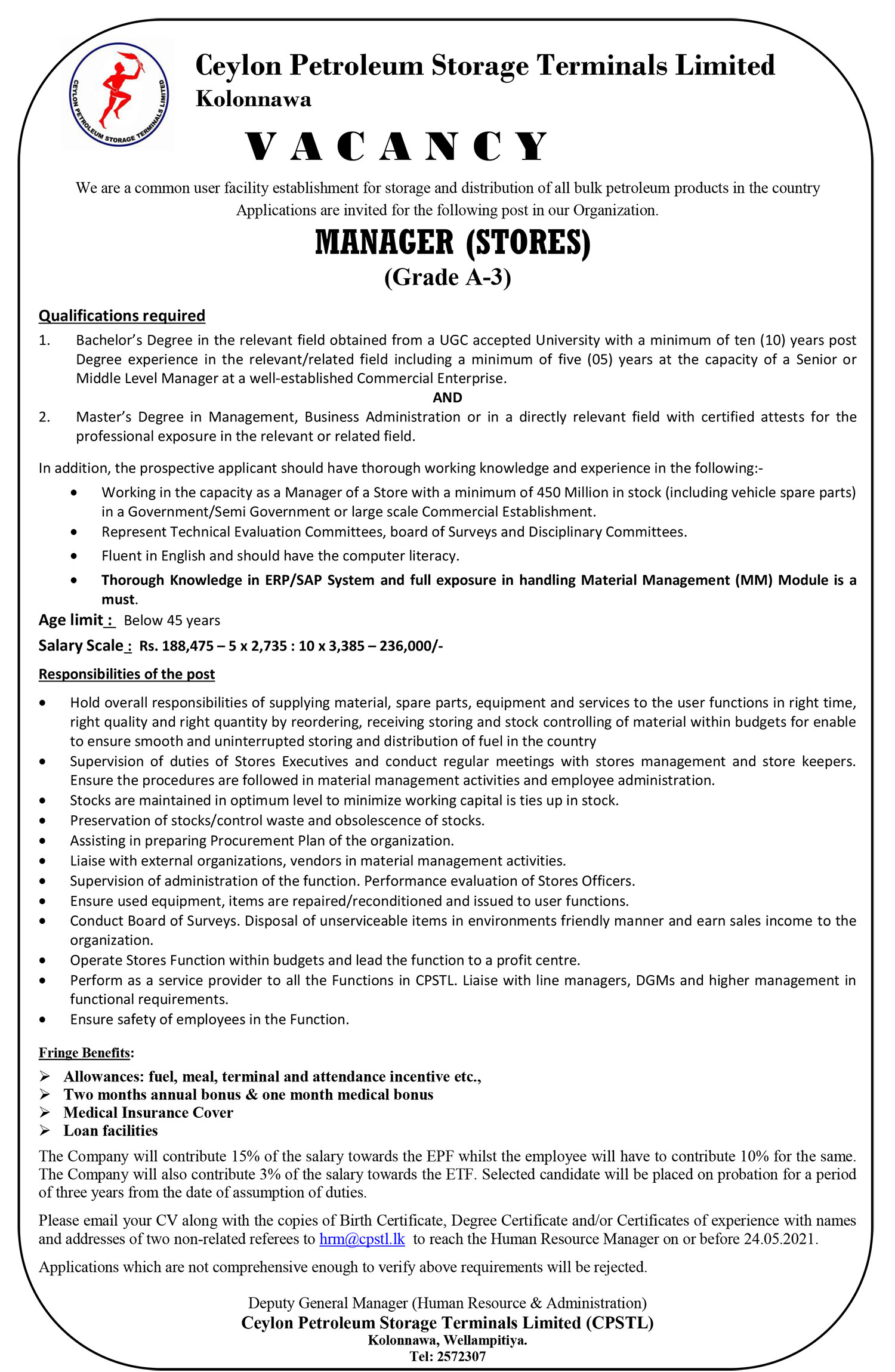 Manager (Laboratory, Stores) - Ceylon Petroleum Storage Terminals Ltd