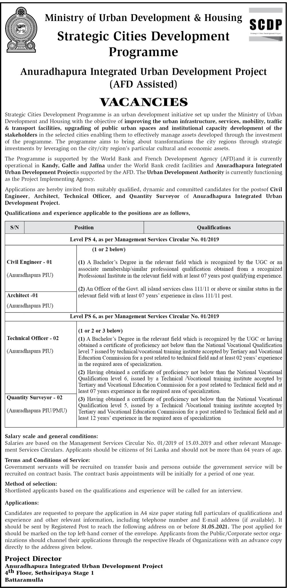 Civil Engineer, Architect, Technical Officer, Quantity Surveyor - Ministry of Urban Development & Housing