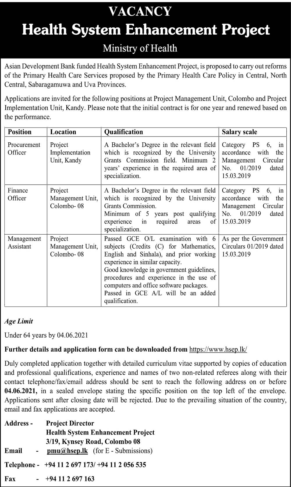 Management Assistant, Finance Officer, Procurement Officer - Health System Enhancement Project - Ministry of Health