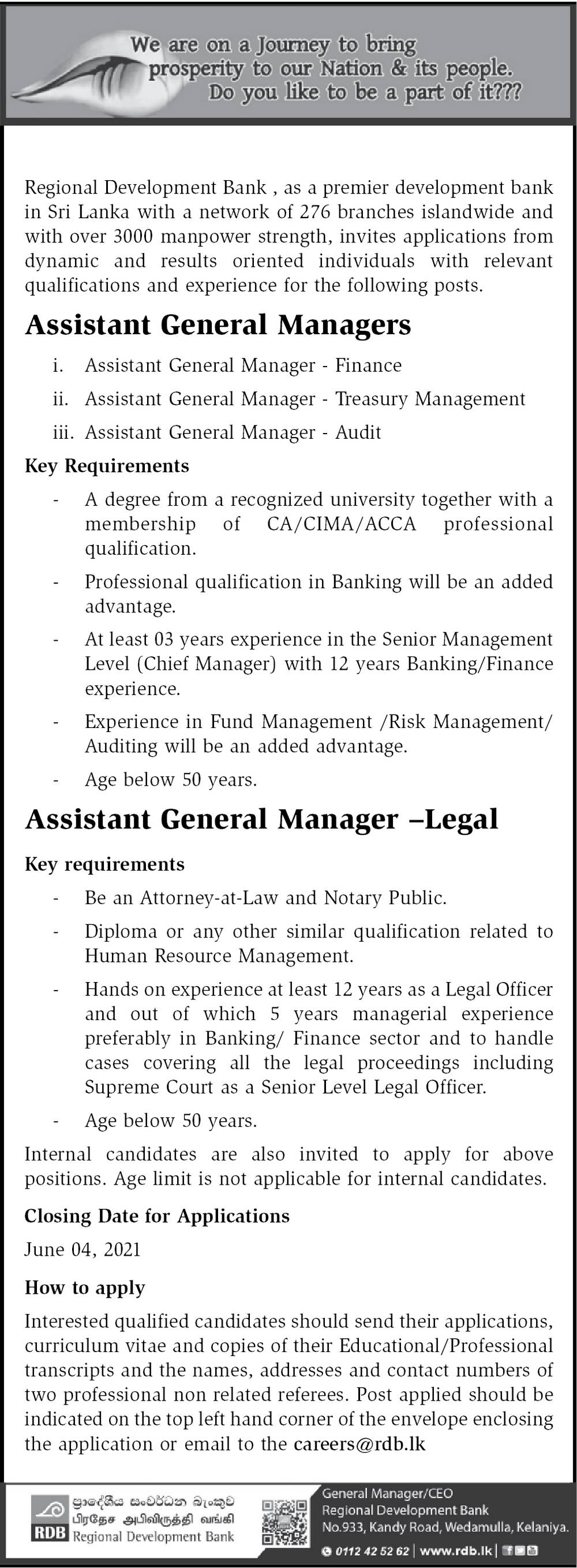 Assistant General Manager Finance, Treasury Management, Audit, Legal) - Regional Development Bank