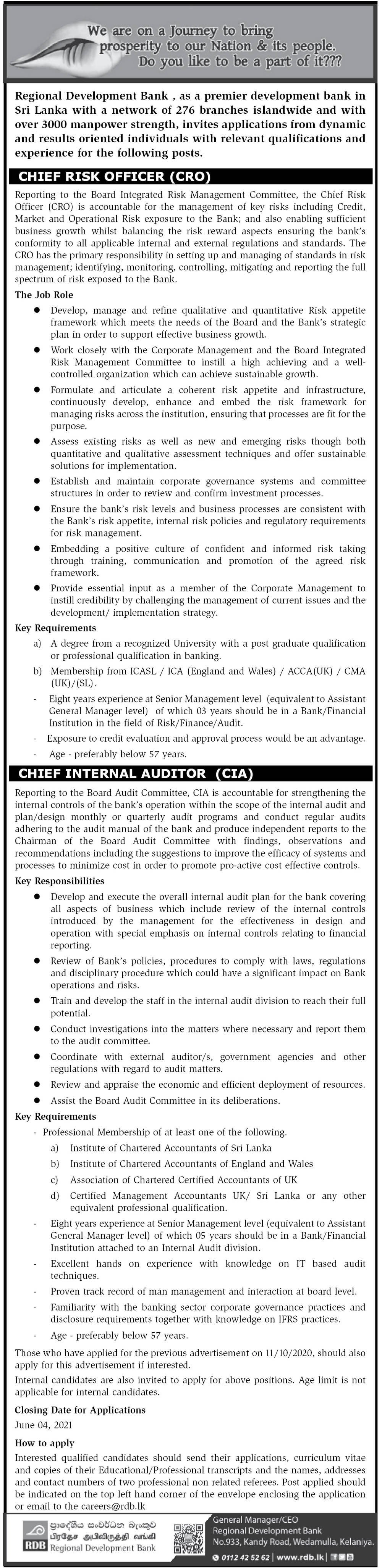 Chief Risk Officer, Chief Internal Auditor - Regional Development Bank