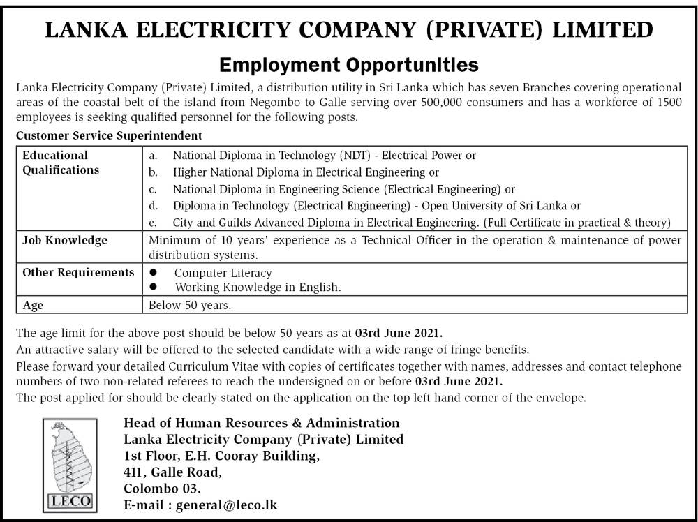 Customer Service Superintendent - Lanka Electricity Company (Private) Limited