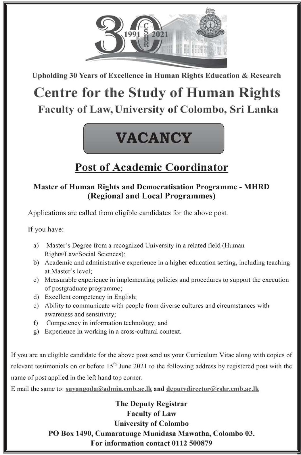 Academic Coordinator - Faculty of Law - University of Colombo 