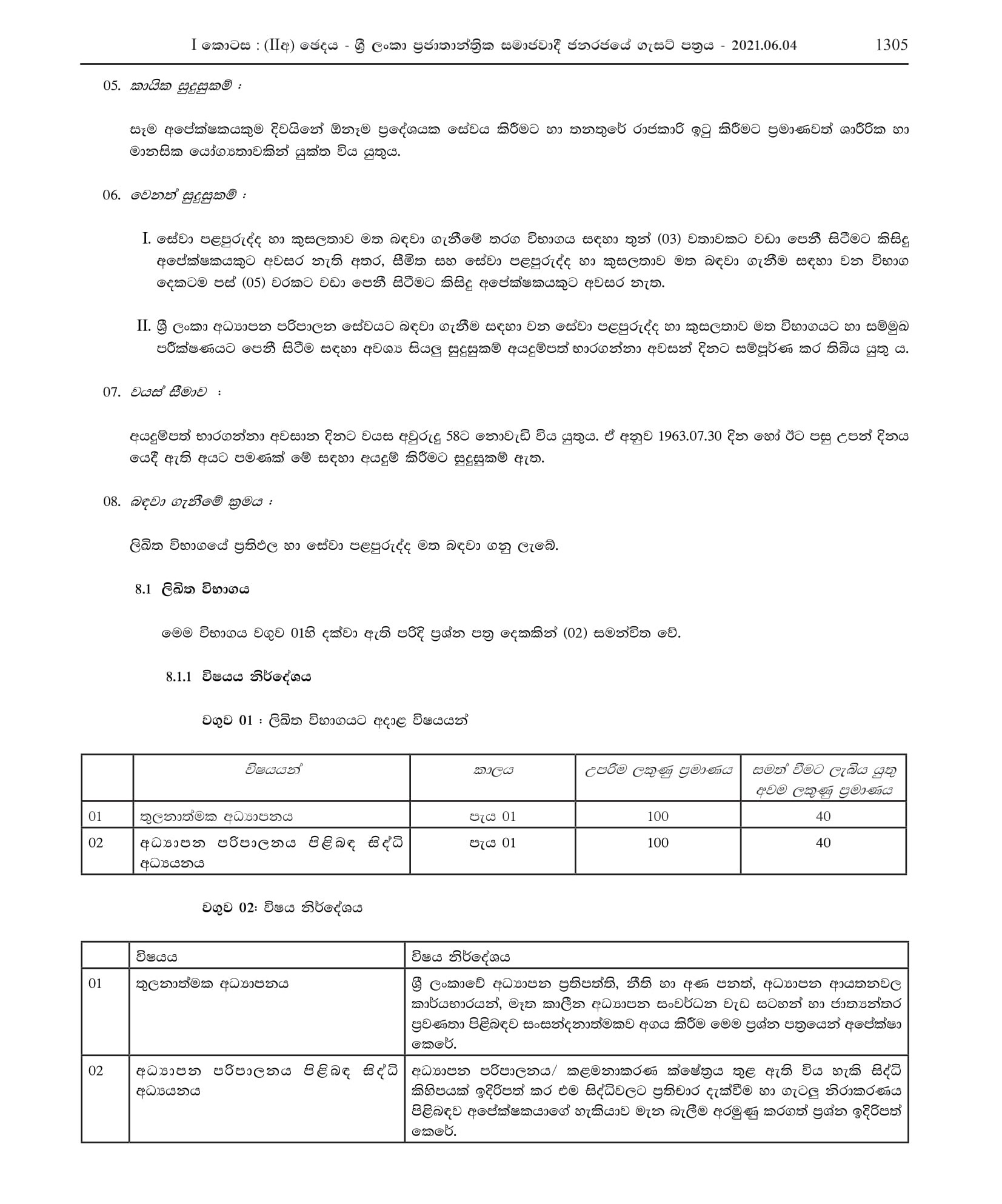 Recruitment to Grade III of the Sri Lanka Education Administrative Service on the Basis of Service Experience and Merit (2020 /2021)