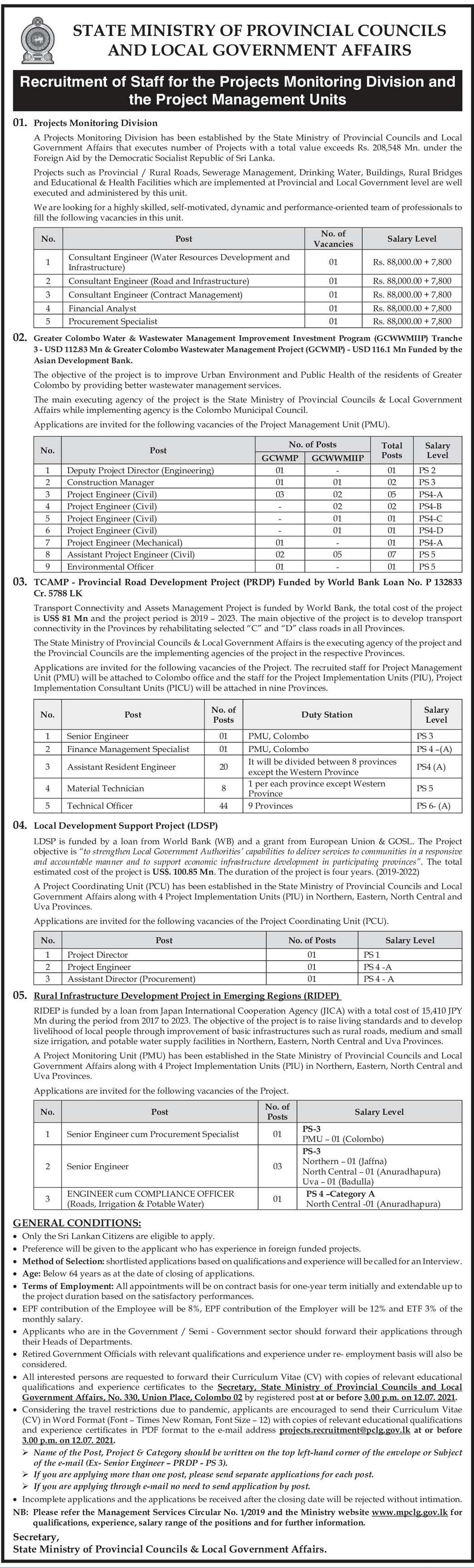 Engineer, Financial Analyst, Procurement Specialist, Project Director, Construction Manager, Environmental Officer, Finance Management Specialist, Material Technician, Technical Officer - State Ministry of Provincial Councils & Local Government Affairs