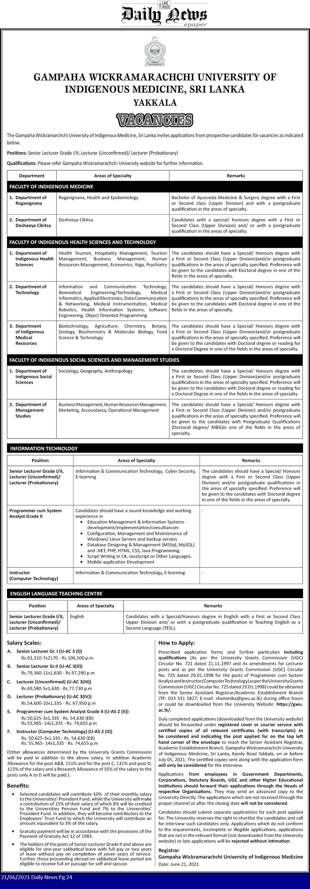 Senior Lecturer, Lecturer - Gampaha Wickramarachchi University of Indigenous Medicine