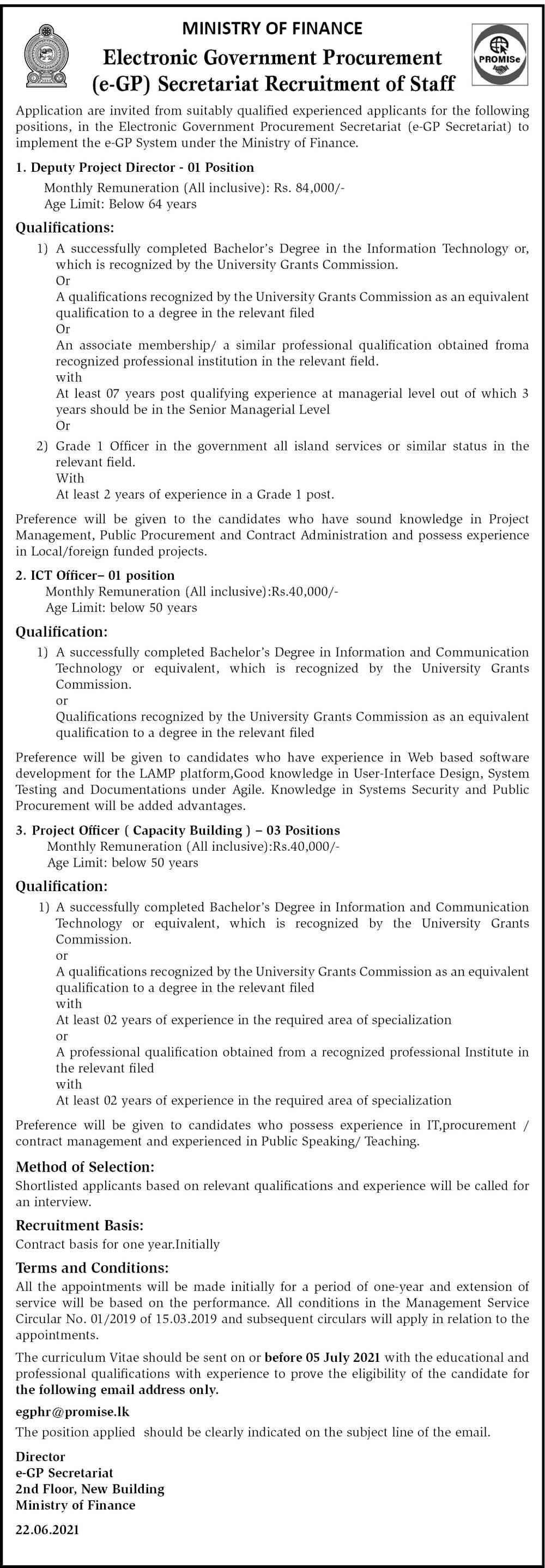 Deputy Project Director, ICT Officer, Project Officer (Capacity Building) - Ministry of Finance