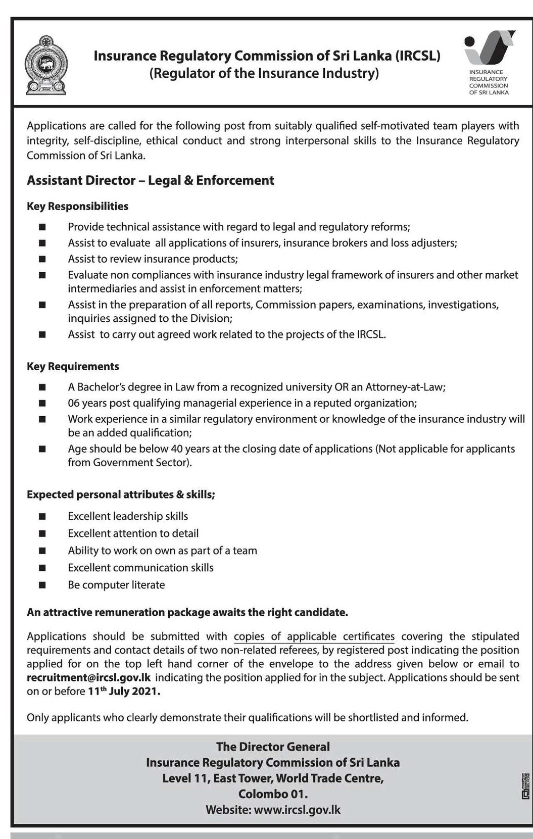 Assistant Director (Legal & Enforcement) - Insurance Regulatory Commission of Sri Lanka