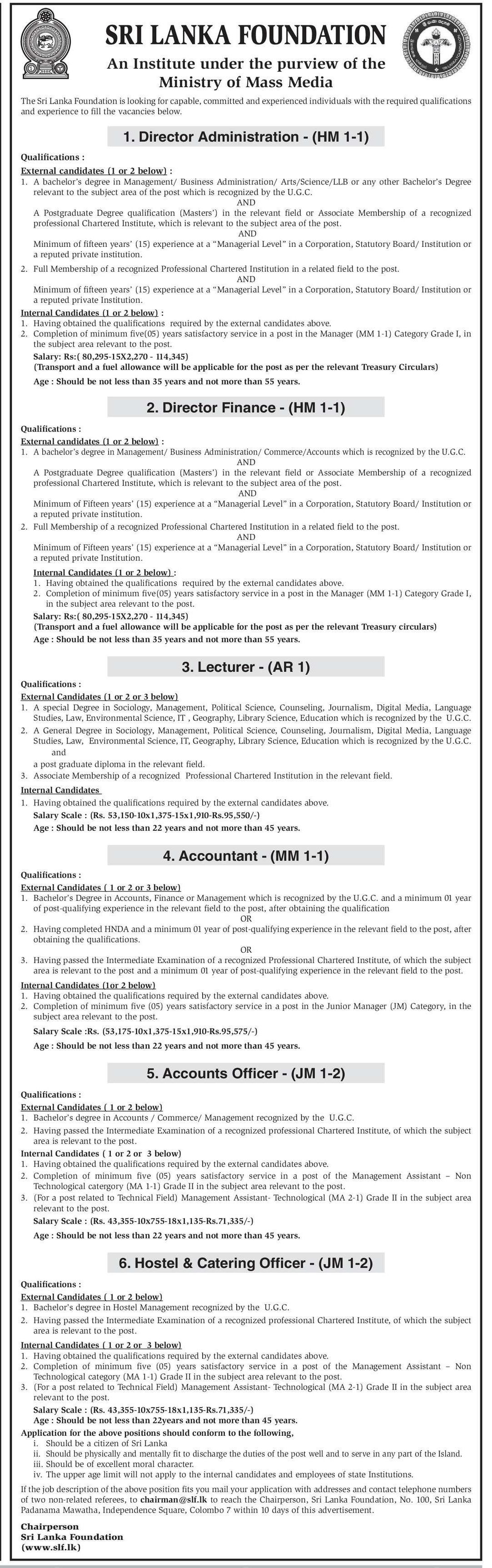 Accountant, Accounts Officer, Hostel & Catering Officer, Lecturer, Director (Administration, Finance) - Sri Lanka Foundation