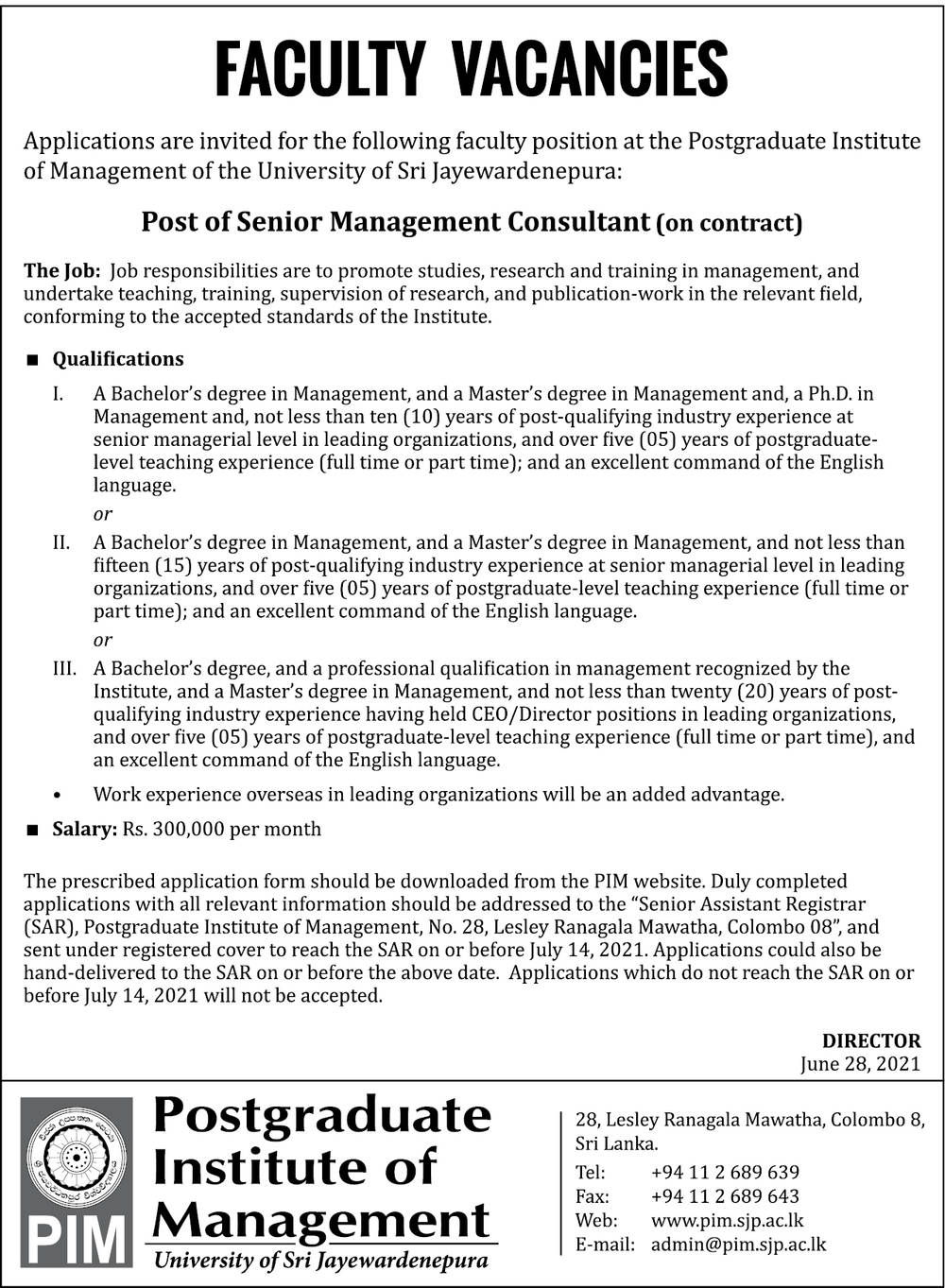 Senior Management Consultant - Postgraduate Institute of Management - University of Sri Jayewardenepura