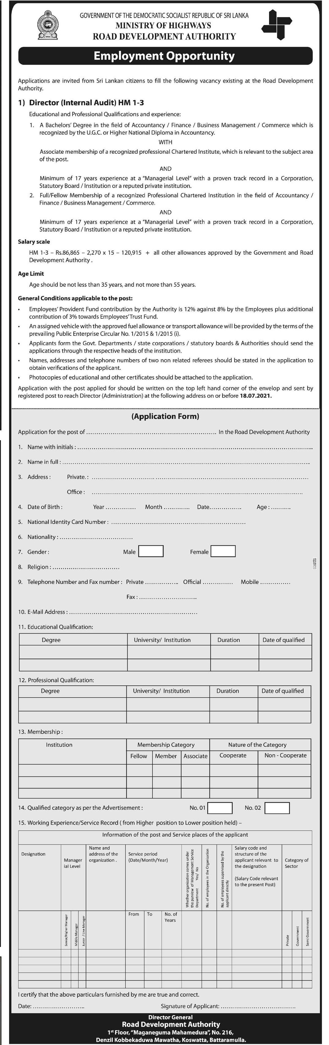 Director (Internal Audit) - Road Development Authority