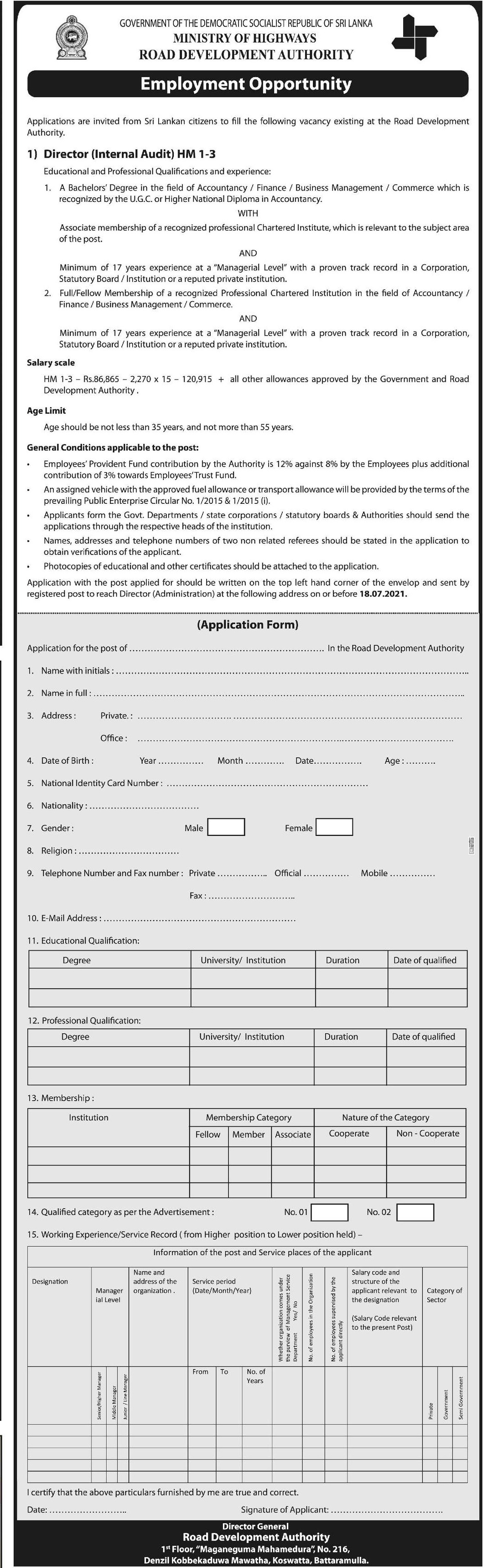 Director (Internal Audit) - Road Development Authority