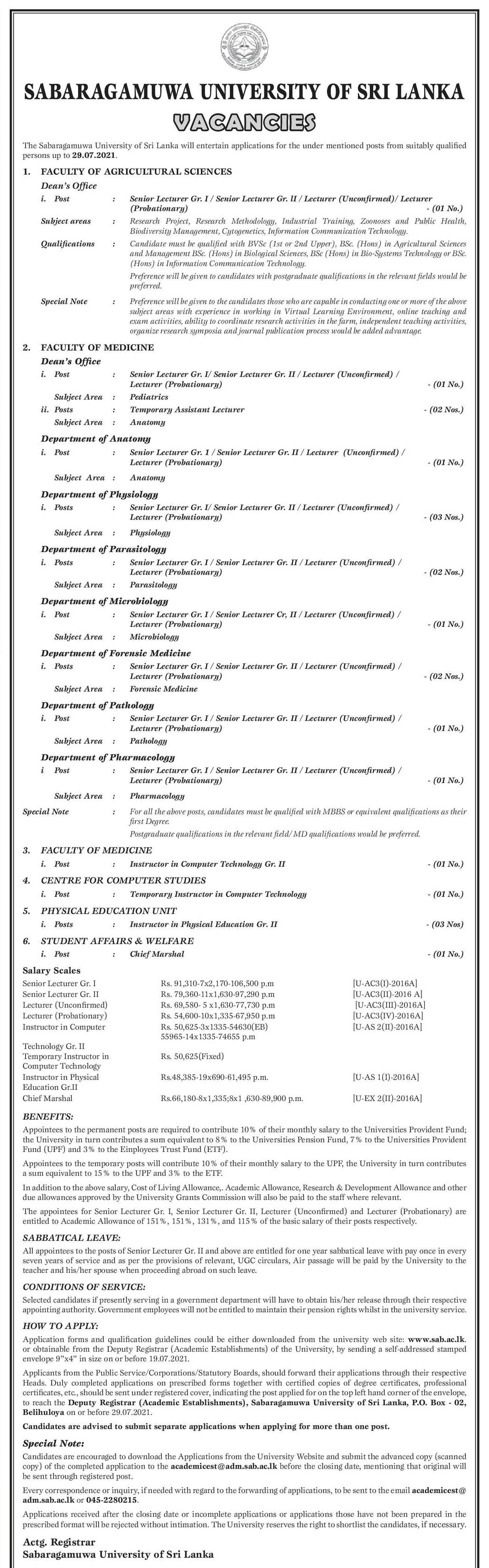 Senior Lecturer, Lecturer, Instructor, Chief Marshal - Sabaragamuwa University of Sri Lanka 