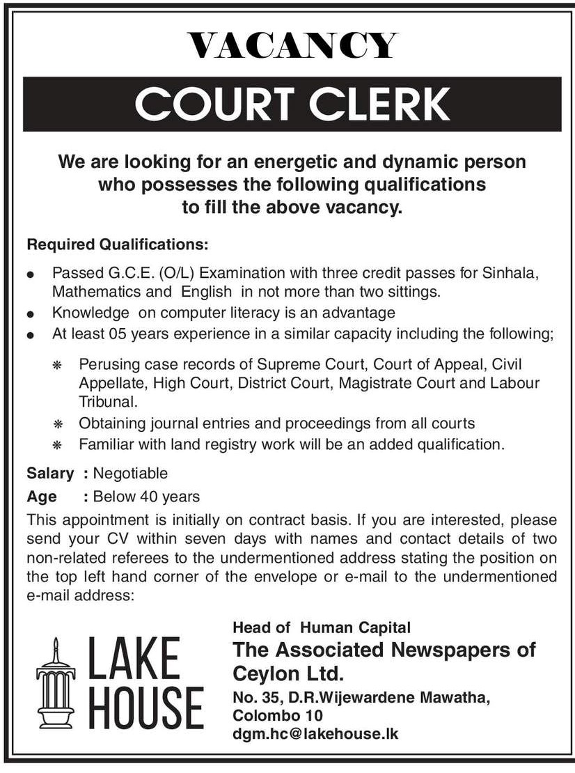 Court Clerk - The Associated Newspapers of Ceylon Ltd 