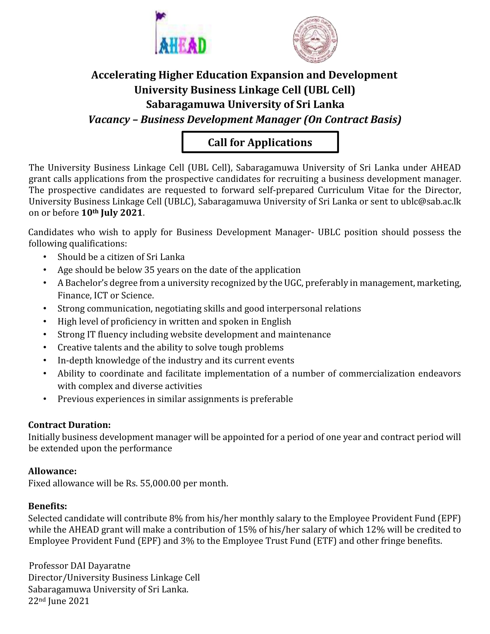 Business Development Manager - Sabaragamuwa University of Sri Lanka