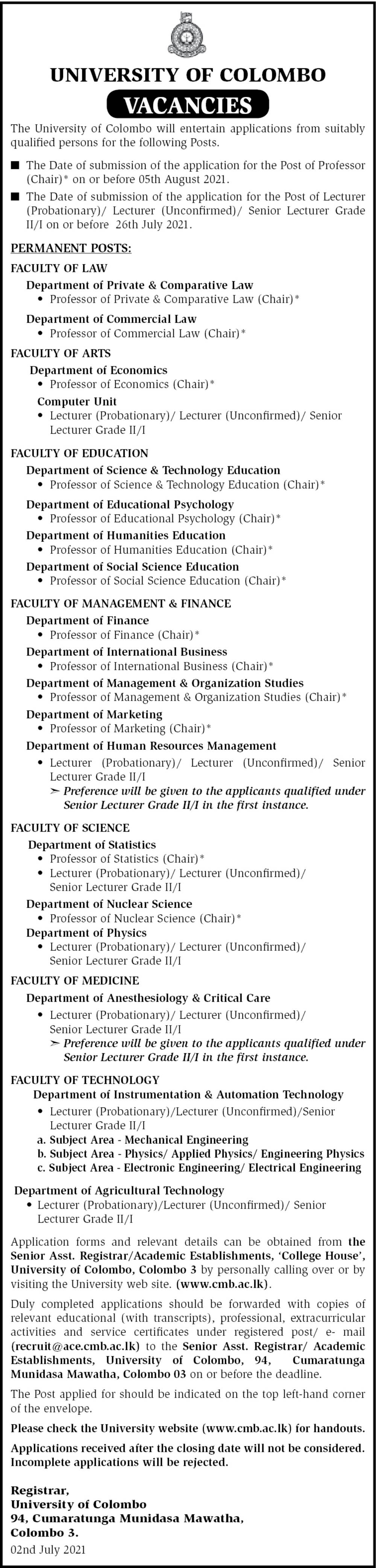 Professor, Lecturer, Senior Lecturer - University of Colombo