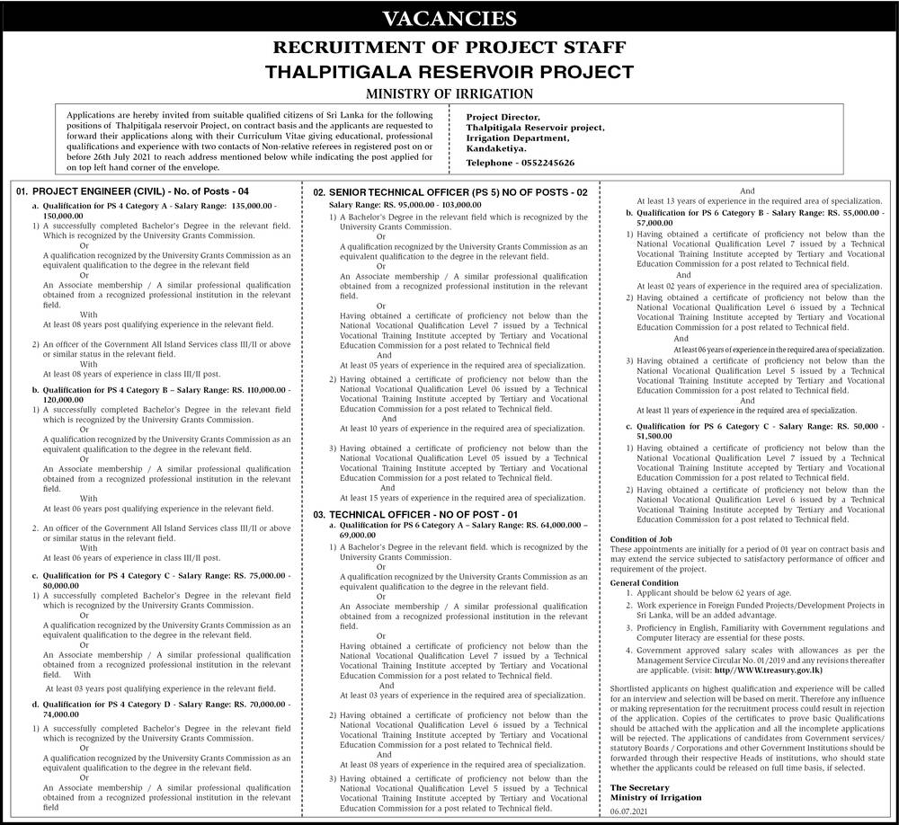 Project Engineer (Civil), Senior Technical Officer, Technical Officer - Ministry of Irrigation 