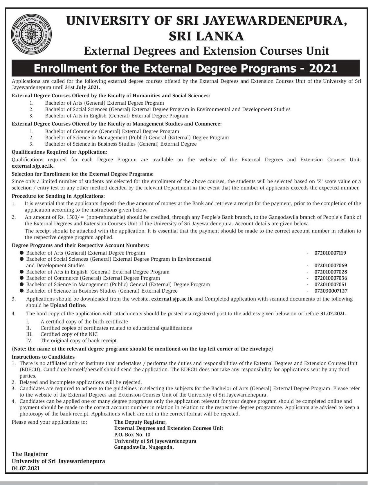 Enrollment for the External Degree Programs (2021) - University of Sri Jayewardenepura