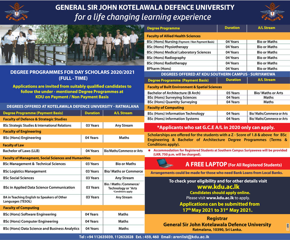 Degree Programmes for day Scholars 2020/2021 (Full-Time) - General Sir John Kotelawala Defence University