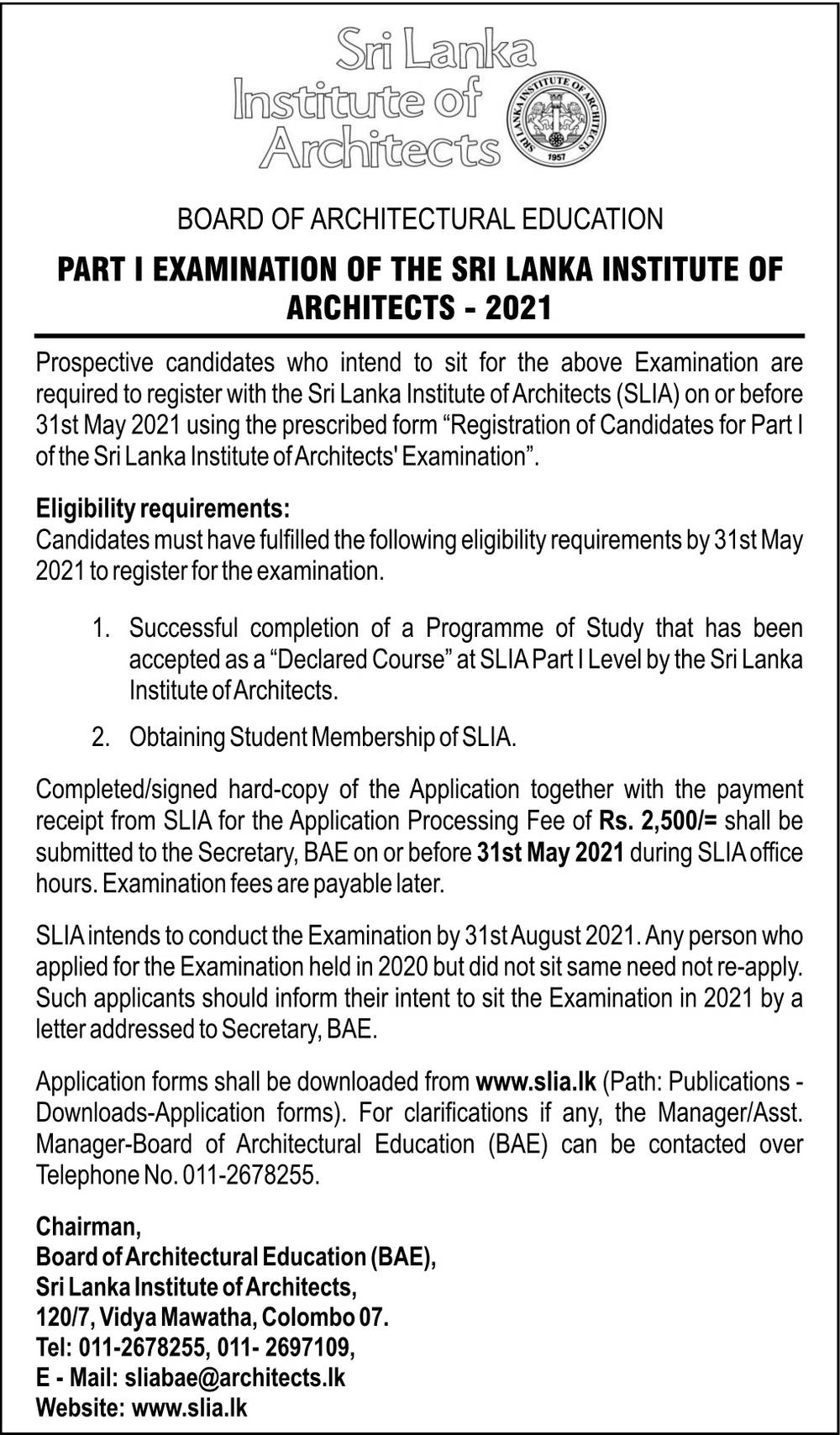 Part 1 Examination of the Sri Lanka Institute of Architects (2021) - Sri Lanka Institute of Architects