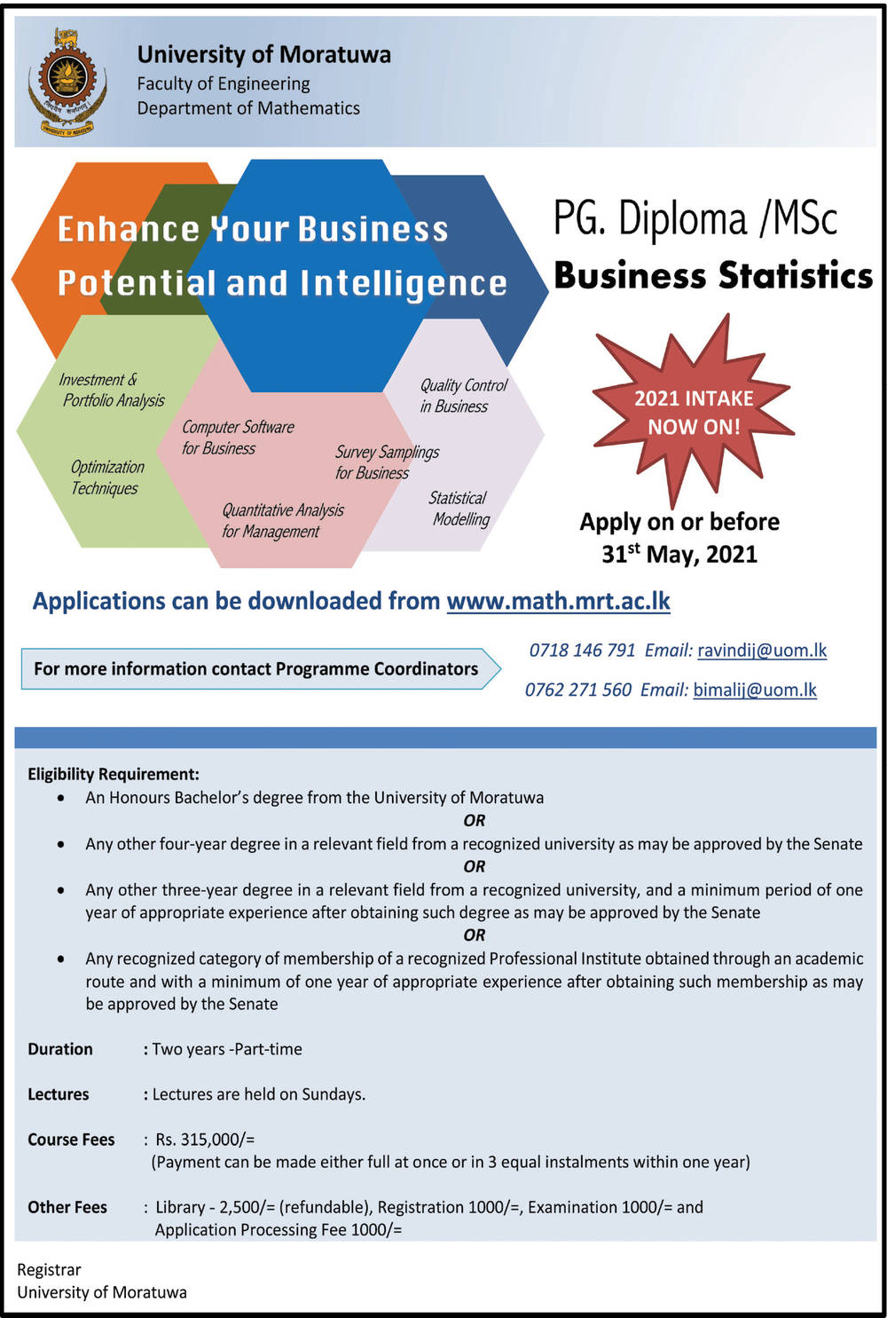 P.G. Diploma / MSc. Business Statistics - Faculty of Engineering - University of Moratuwa