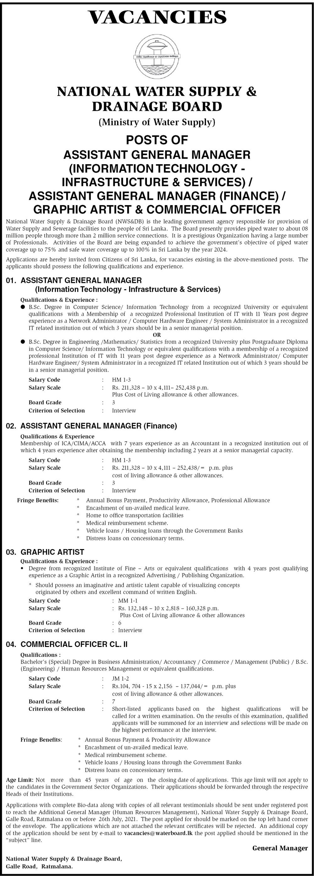 Assistant General Manager (Information Technology - Infrastructure & Service, Finance), Graphic Artist, Commercial Officer - National Water Supply & Drainage Board